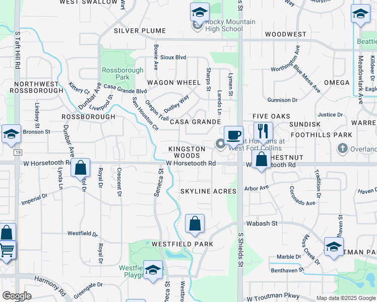 map of restaurants, bars, coffee shops, grocery stores, and more near 1306 Sanford Drive in Fort Collins