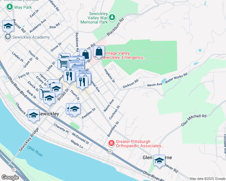 map of restaurants, bars, coffee shops, grocery stores, and more near 807 Hill Street in Sewickley