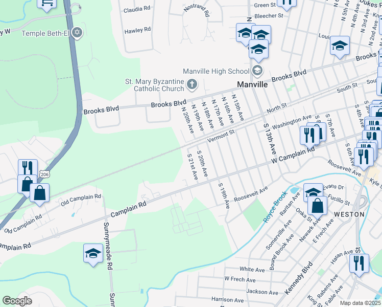 map of restaurants, bars, coffee shops, grocery stores, and more near 97 South 21st Avenue in Manville