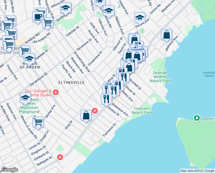 map of restaurants, bars, coffee shops, grocery stores, and more near 44 William Avenue in Staten Island