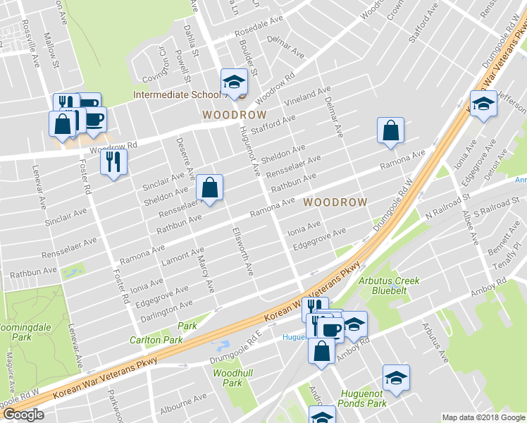 map of restaurants, bars, coffee shops, grocery stores, and more near 638 Huguenot Avenue in Staten Island