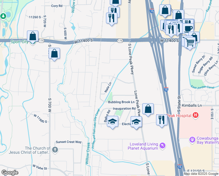 map of restaurants, bars, coffee shops, grocery stores, and more near 11683 Nate Lane in Draper