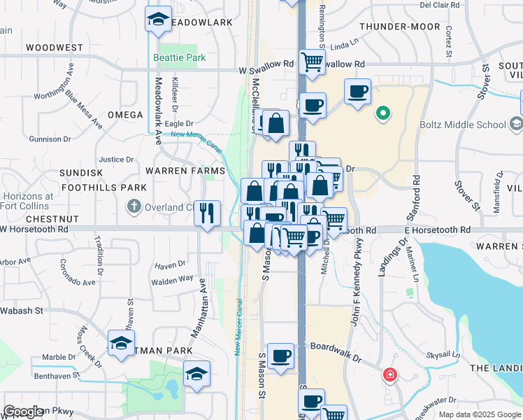 map of restaurants, bars, coffee shops, grocery stores, and more near 3521 South Mason Street in Fort Collins