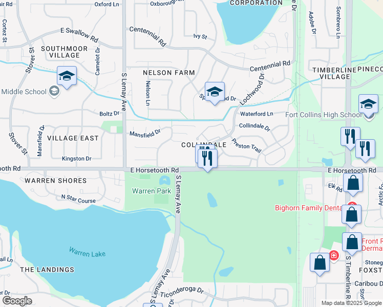 map of restaurants, bars, coffee shops, grocery stores, and more near 3509 Lochwood Drive in Fort Collins