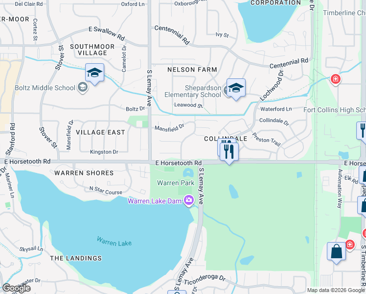 map of restaurants, bars, coffee shops, grocery stores, and more near 1136 Bent Tree Court in Fort Collins