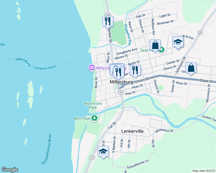 map of restaurants, bars, coffee shops, grocery stores, and more near 200 Front Street in Millersburg