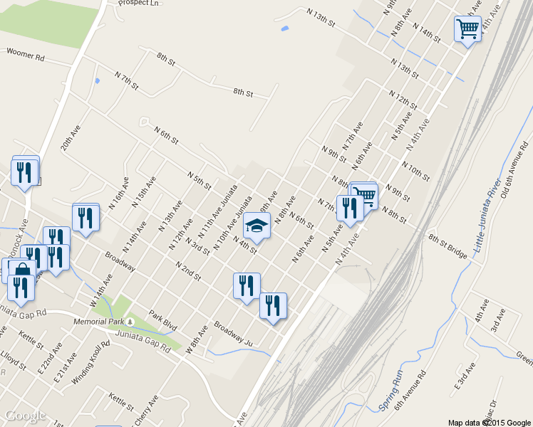 map of restaurants, bars, coffee shops, grocery stores, and more near 512 N 9th Ave in Altoona
