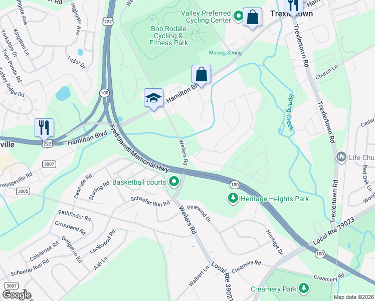 map of restaurants, bars, coffee shops, grocery stores, and more near 1445 Weilers Road in Breinigsville
