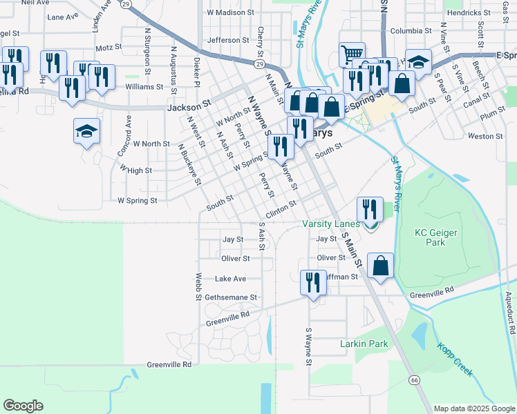 map of restaurants, bars, coffee shops, grocery stores, and more near 232 South Ash Street in Saint Marys
