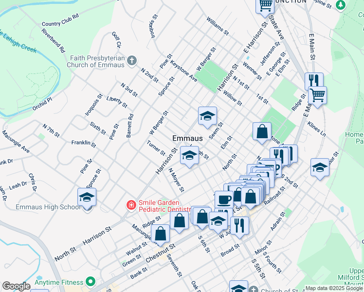 map of restaurants, bars, coffee shops, grocery stores, and more near 504 Liberty Street in Emmaus