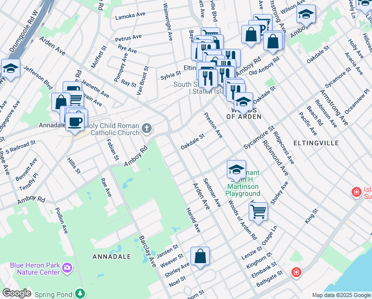 map of restaurants, bars, coffee shops, grocery stores, and more near 44 Seidman Avenue in Staten Island