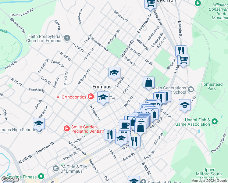 map of restaurants, bars, coffee shops, grocery stores, and more near 331 North 3rd Street in Emmaus
