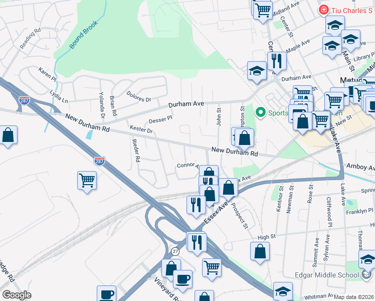 map of restaurants, bars, coffee shops, grocery stores, and more near 24 Renninger Road in Metuchen