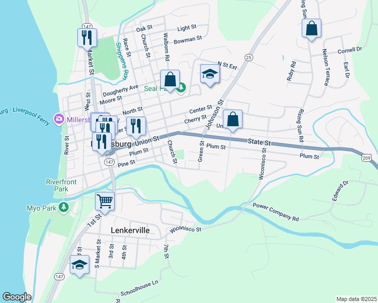 map of restaurants, bars, coffee shops, grocery stores, and more near 210 Pine Street in Millersburg