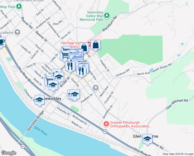map of restaurants, bars, coffee shops, grocery stores, and more near 705 Centennial Avenue in Sewickley