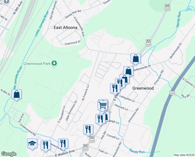 map of restaurants, bars, coffee shops, grocery stores, and more near 207 Colorado Drive in Altoona