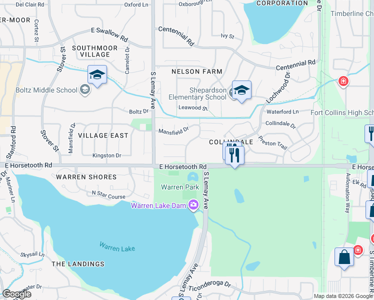 map of restaurants, bars, coffee shops, grocery stores, and more near 1136 Bent Tree Court in Fort Collins