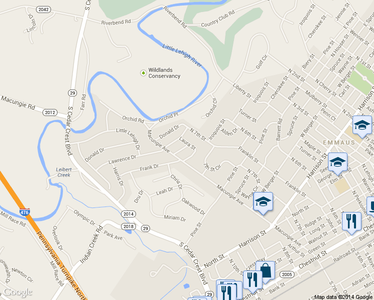 map of restaurants, bars, coffee shops, grocery stores, and more near 738 Henry Drive in Emmaus