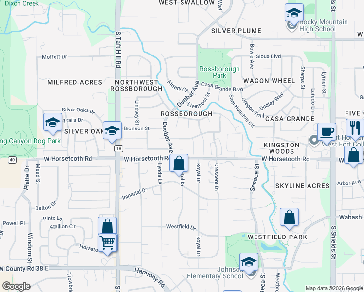 map of restaurants, bars, coffee shops, grocery stores, and more near 1808 Churchill Court in Fort Collins