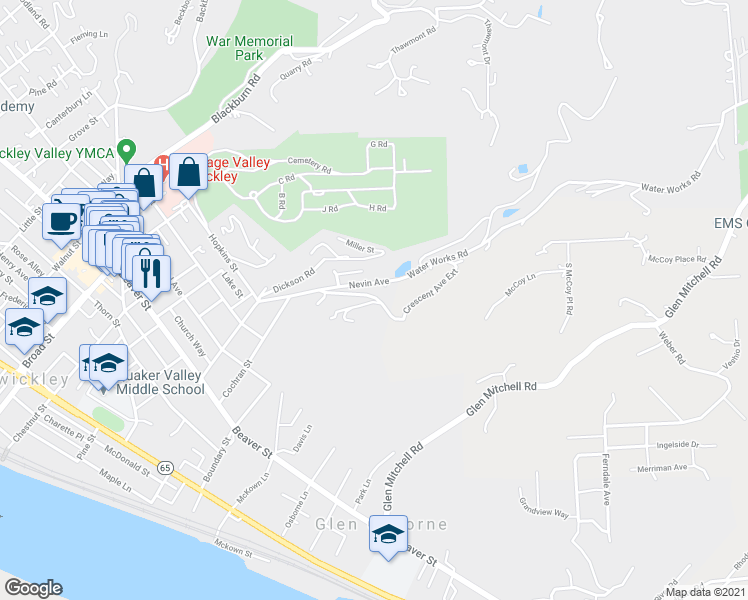 map of restaurants, bars, coffee shops, grocery stores, and more near 932 Crescent Avenue in Sewickley