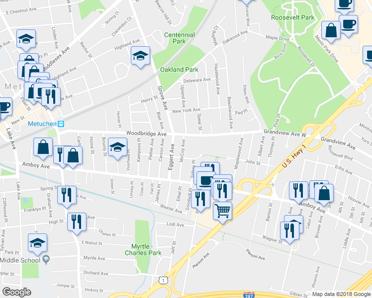 map of restaurants, bars, coffee shops, grocery stores, and more near 60 McCoy Avenue in Metuchen