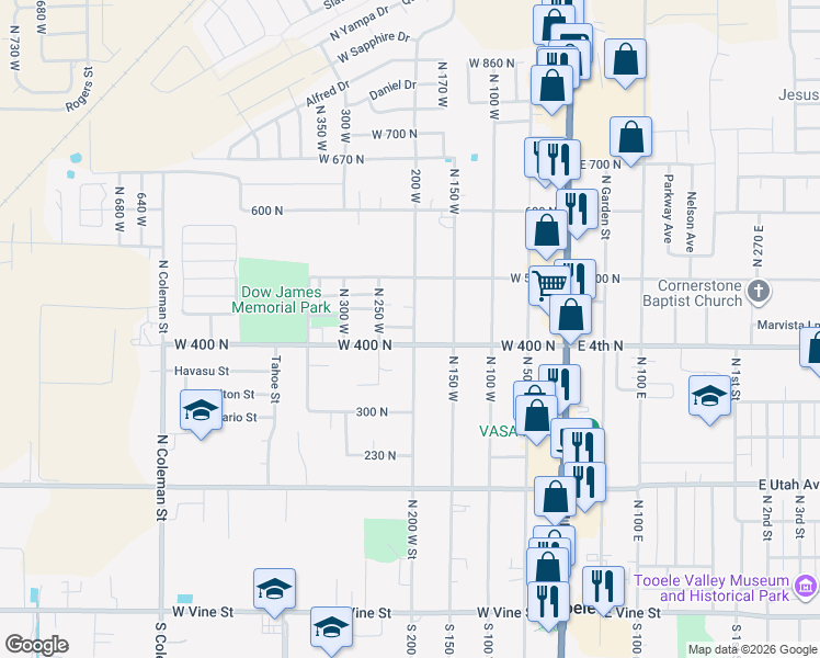 map of restaurants, bars, coffee shops, grocery stores, and more near 421 North 200 West in Tooele