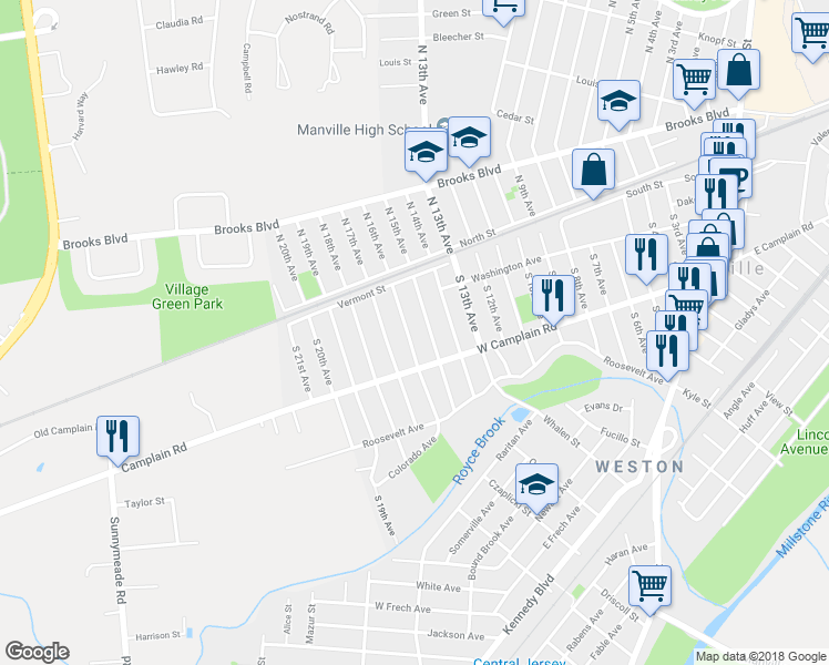 map of restaurants, bars, coffee shops, grocery stores, and more near 129 South 16th Avenue in Manville