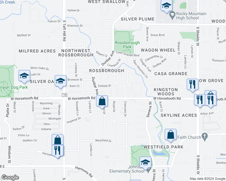 map of restaurants, bars, coffee shops, grocery stores, and more near 3512 English Court in Fort Collins