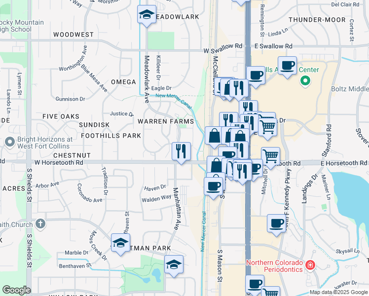 map of restaurants, bars, coffee shops, grocery stores, and more near 339 Riva Ridge Drive in Fort Collins