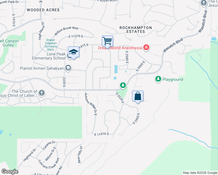 map of restaurants, bars, coffee shops, grocery stores, and more near 11683 South 2460 East in Sandy