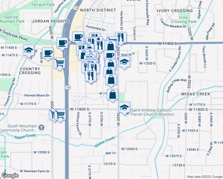 map of restaurants, bars, coffee shops, grocery stores, and more near 11681 South Parkway Plaza Drive in South Jordan