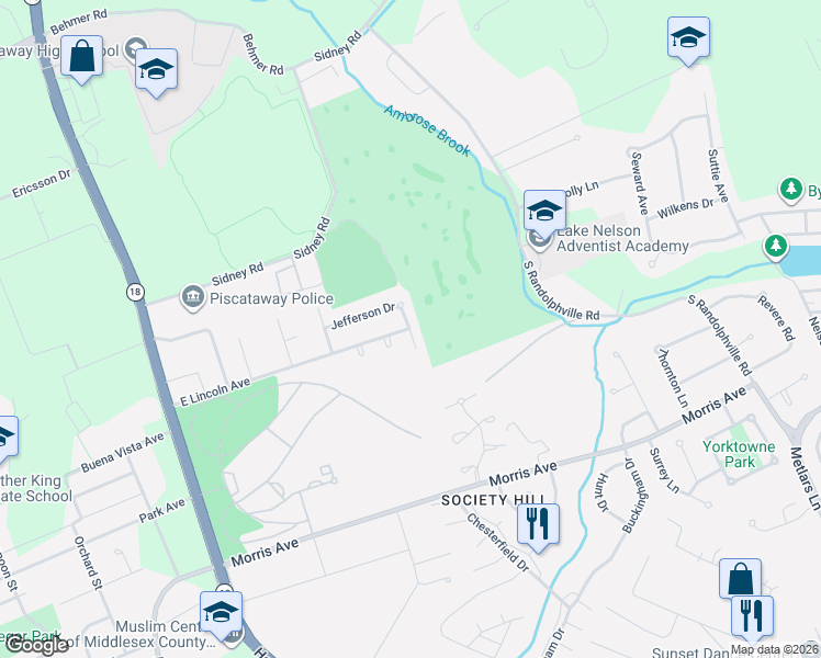 map of restaurants, bars, coffee shops, grocery stores, and more near 60 Jefferson Drive in Piscataway Township