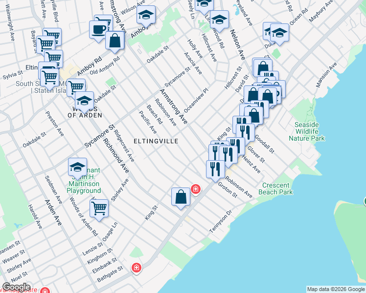 map of restaurants, bars, coffee shops, grocery stores, and more near 219 Beach Rd in Staten Island