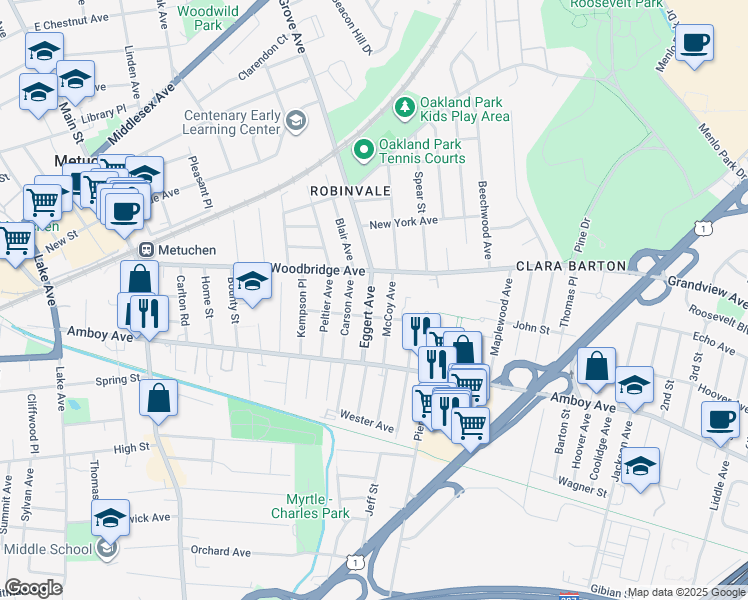 map of restaurants, bars, coffee shops, grocery stores, and more near 58 Eggert Avenue in Metuchen