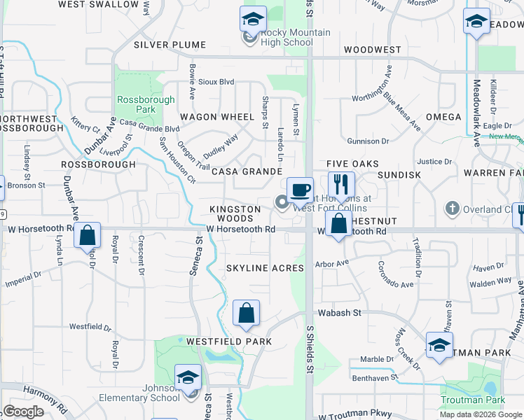 map of restaurants, bars, coffee shops, grocery stores, and more near 3500 Patterson Court in Fort Collins
