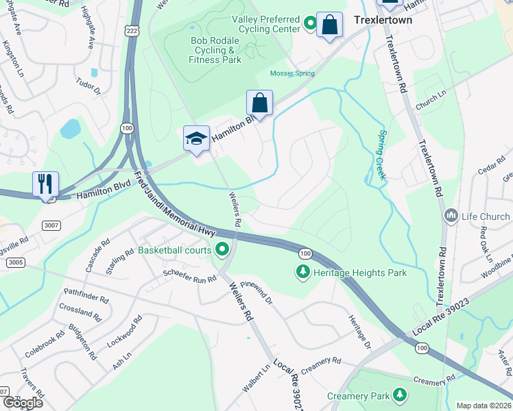 map of restaurants, bars, coffee shops, grocery stores, and more near 1445 Weilers Road in Breinigsville