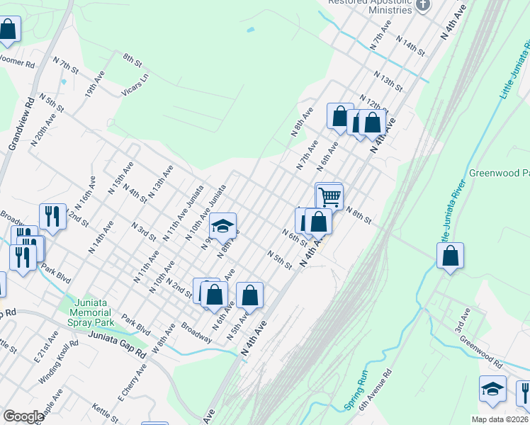 map of restaurants, bars, coffee shops, grocery stores, and more near 710 North 6th Street in Altoona