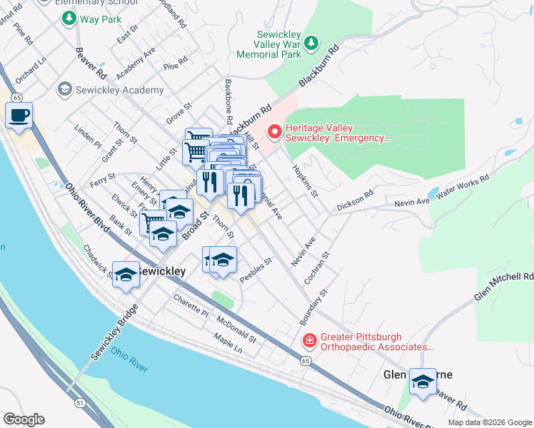 map of restaurants, bars, coffee shops, grocery stores, and more near 523 Straight Street in Sewickley