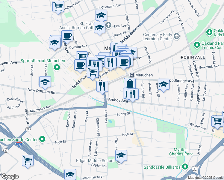 map of restaurants, bars, coffee shops, grocery stores, and more near 22 Halsey Street in Metuchen