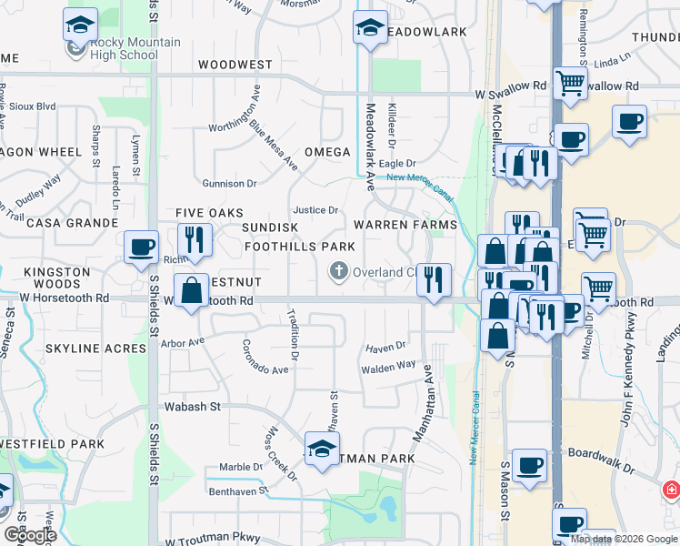 map of restaurants, bars, coffee shops, grocery stores, and more near 620 West Horsetooth Road in Fort Collins