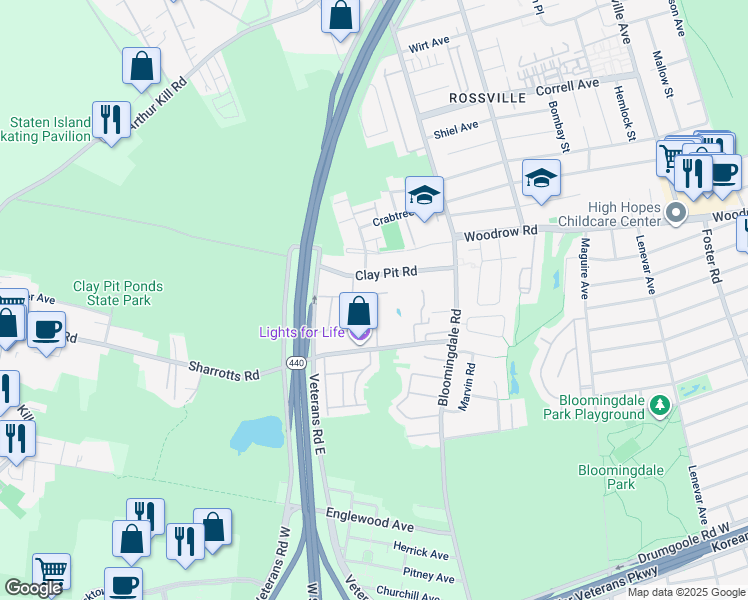map of restaurants, bars, coffee shops, grocery stores, and more near 49 White Oak Lane in Staten Island