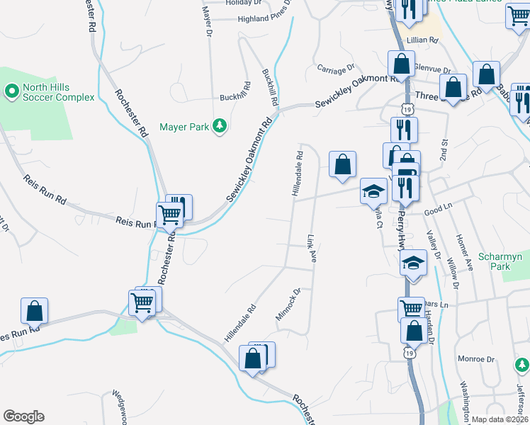 map of restaurants, bars, coffee shops, grocery stores, and more near 107 Ridgeside Rd in Pittsburgh