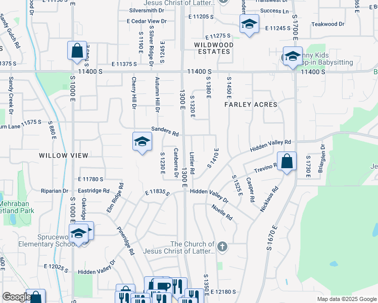 map of restaurants, bars, coffee shops, grocery stores, and more near 11683 Canberra Drive in Sandy