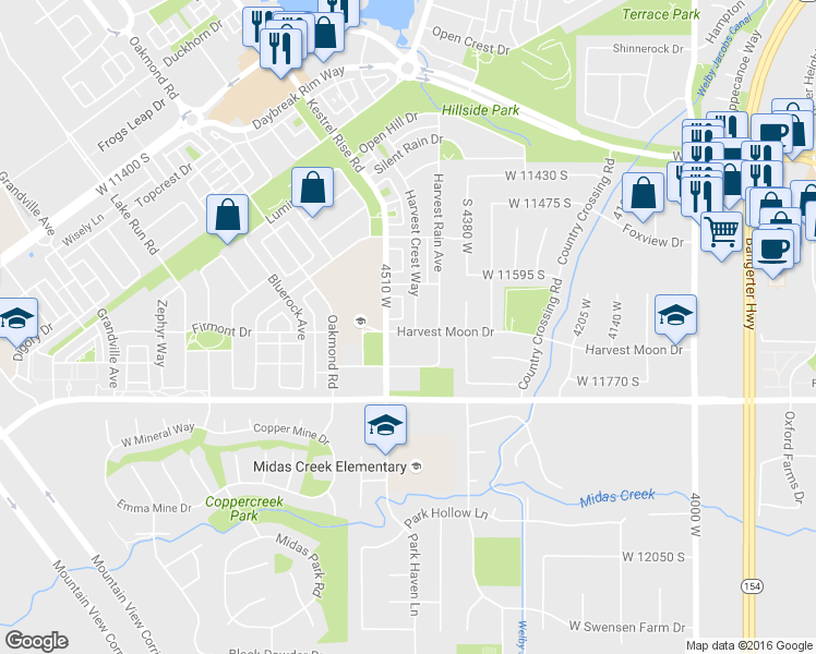 map of restaurants, bars, coffee shops, grocery stores, and more near 11678 Harvest Crest Way in South Jordan