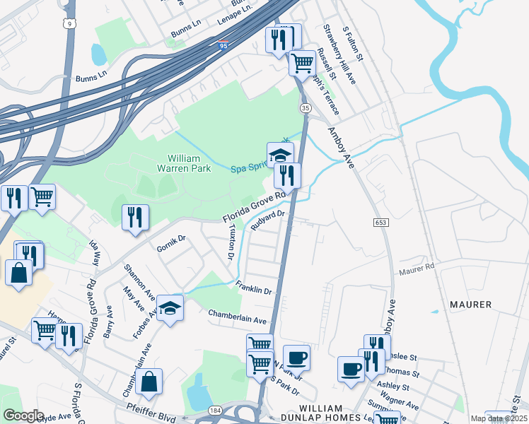 map of restaurants, bars, coffee shops, grocery stores, and more near 1081 Rudyard Drive in Perth Amboy