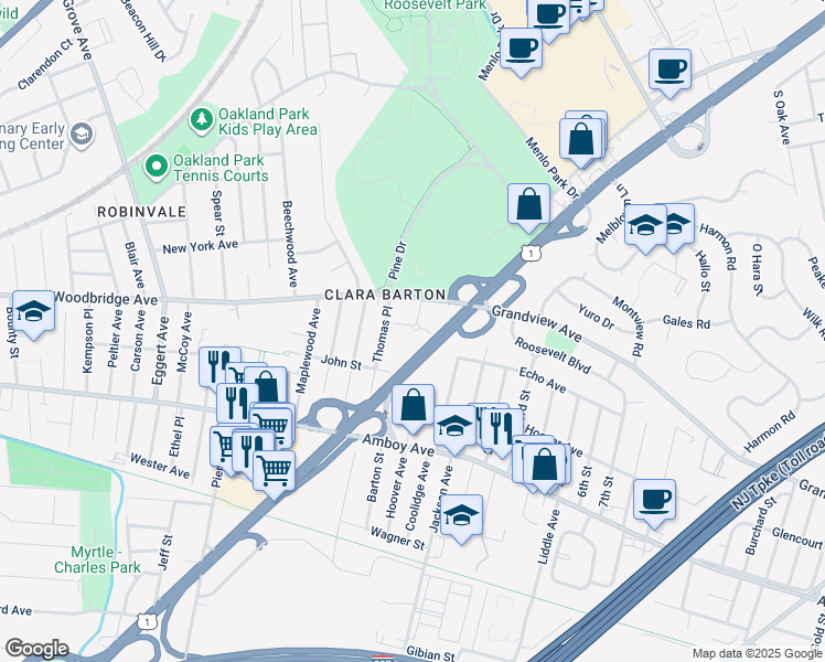 map of restaurants, bars, coffee shops, grocery stores, and more near 1 Garfield Park in Edison
