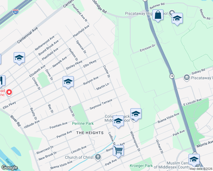 map of restaurants, bars, coffee shops, grocery stores, and more near 9 Martin Lane in Piscataway