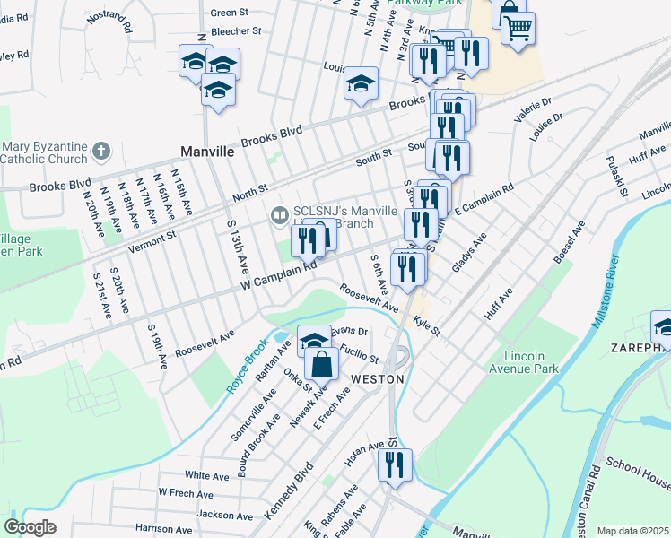 map of restaurants, bars, coffee shops, grocery stores, and more near 220 South 7th Avenue in Manville