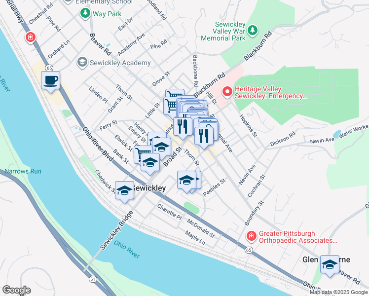 map of restaurants, bars, coffee shops, grocery stores, and more near 501 Thorn Street in Sewickley