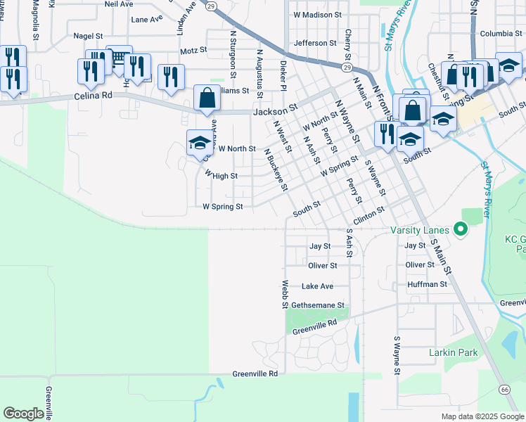 map of restaurants, bars, coffee shops, grocery stores, and more near 115 Guy Street in Saint Marys